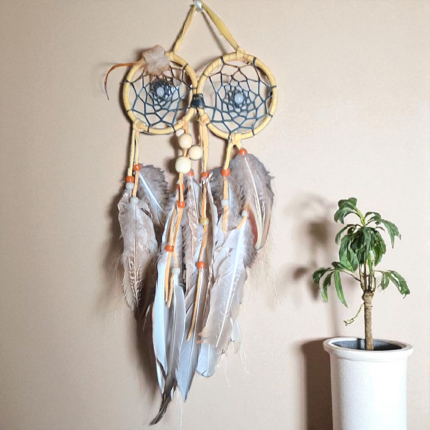 Owl-Themed Double Dream Catcher – 15x6 Handmade Feather Wall Hanging for Protection & Wisdom