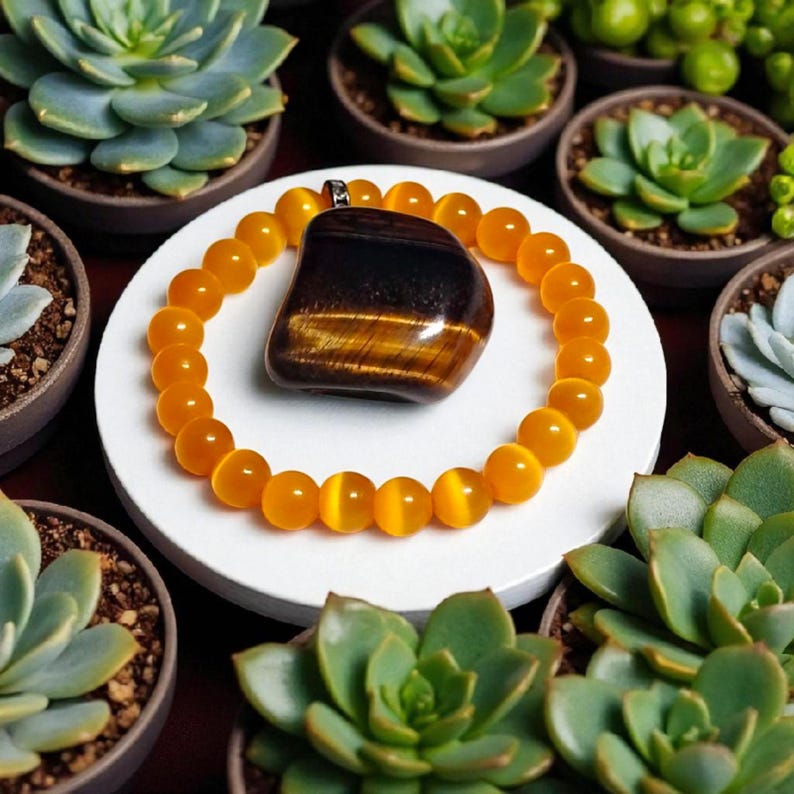 Dark Yellow Cat’s Eye Glass Bead Bracelet with Tiger’s Eye Pendant