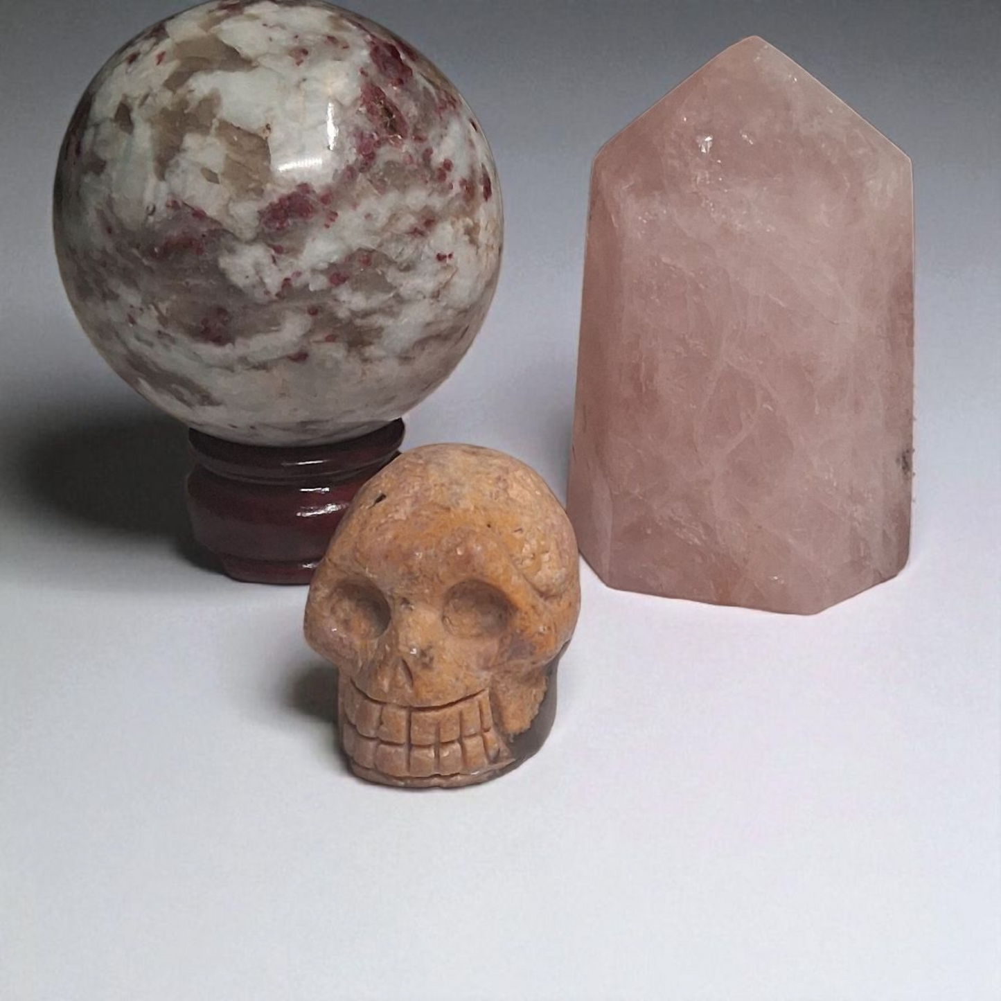 Rubellite Tourmaline Sphere (80mm), Rubellite Tourmaline Skull (2"), & Rose Quartz Tower (3") – Crystal Healing Set