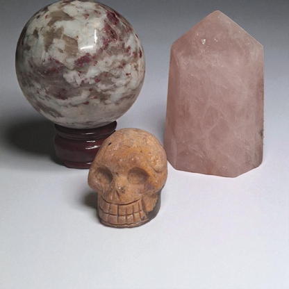 Rubellite Tourmaline Sphere (80mm), Rubellite Tourmaline Skull (2"), & Rose Quartz Tower (3") – Crystal Healing Set
