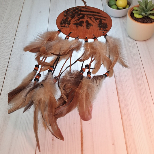 Engraved Wooden Dream Catcher Wall Hanging – 6x14 Rustic Feather Decor with Western Landscape Design