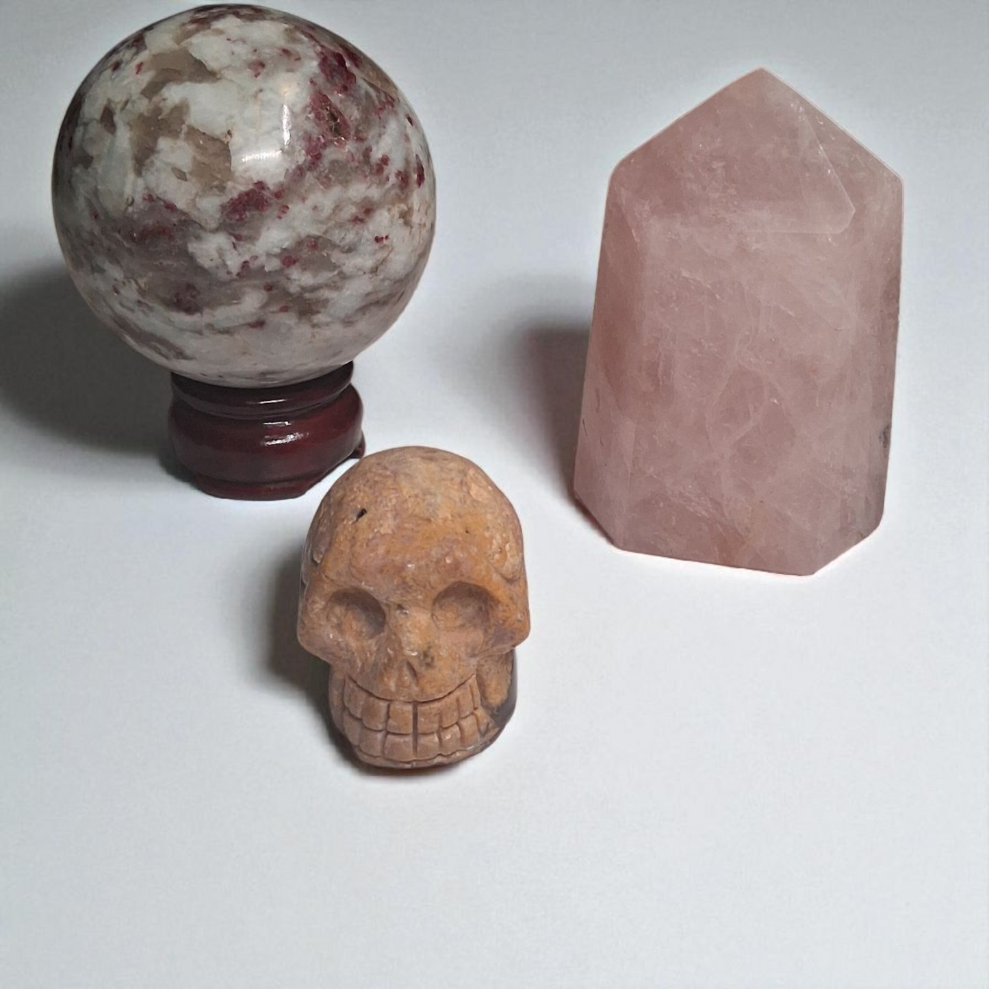 Rubellite Tourmaline Sphere (80mm), Rubellite Tourmaline Skull (2"), & Rose Quartz Tower (3") – Crystal Healing Set