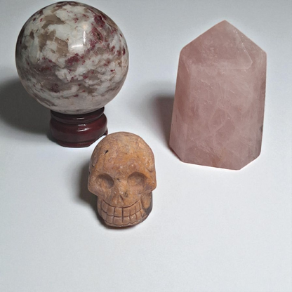 Rubellite Tourmaline Sphere (80mm), Rubellite Tourmaline Skull (2"), & Rose Quartz Tower (3") – Crystal Healing Set