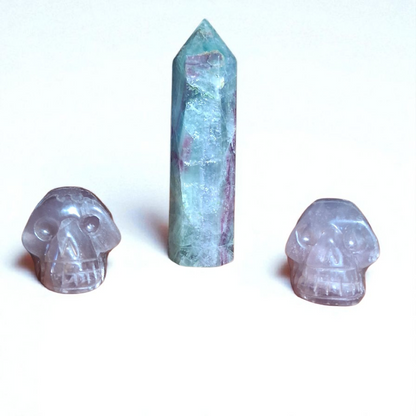 Green Fluorite Tower (4") & Two Purple Fluorite Crystal Skulls (2") – Healing Crystal Set