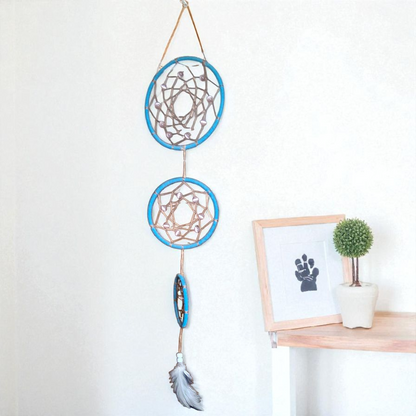 Triple Dream Catcher Wall Hanging – 18x5 Blue/Tan Boho Feather Decor for Peaceful Energy & Protection