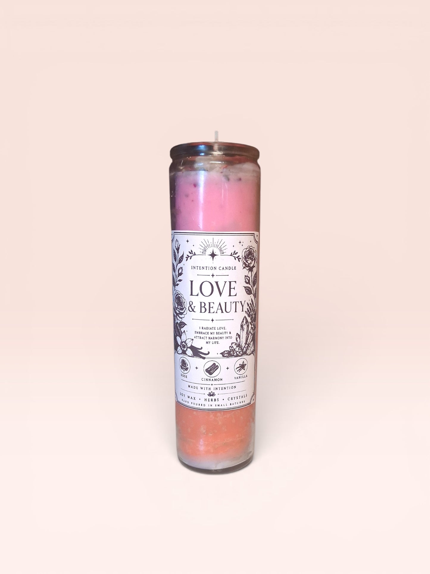 Love & Beauty Intention Candle | Self-Love, Confidence & Emotional Healing Candle | Rose, Cinnamon & Vanilla Soy Wax Candle with Herbs & Crystals