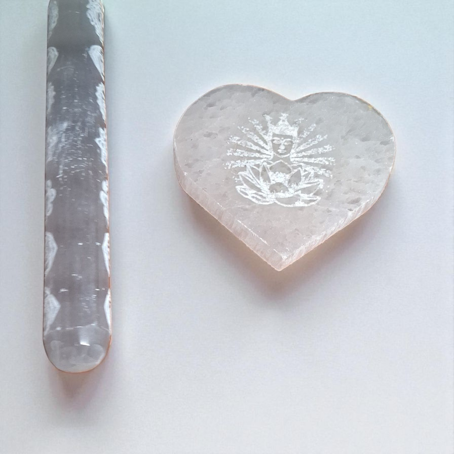 Selenite Engraved Chakra Wand (5") & Engraved Heart (3") – Crystal Energy Healing Set