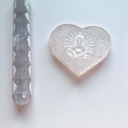 Selenite Engraved Chakra Wand (5") & Engraved Heart (3") – Crystal Energy Healing Set
