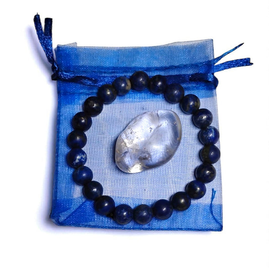 Lapis Lazuli Bead Bracelet with Clear Quartz Tumbled Stone – Healing & Clarity Crystal Set