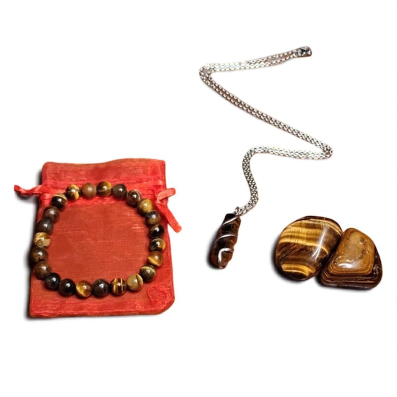 Tiger’s Eye Crystal Healing Set – Pendant Necklace, Beaded Bracelet, Tumbled Stones & Gift Bag