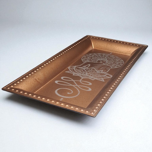 Engraved Buddha Lotus Copper-Tone Tray – 7" x 14" Decorative Spiritual Altar & Home Décor