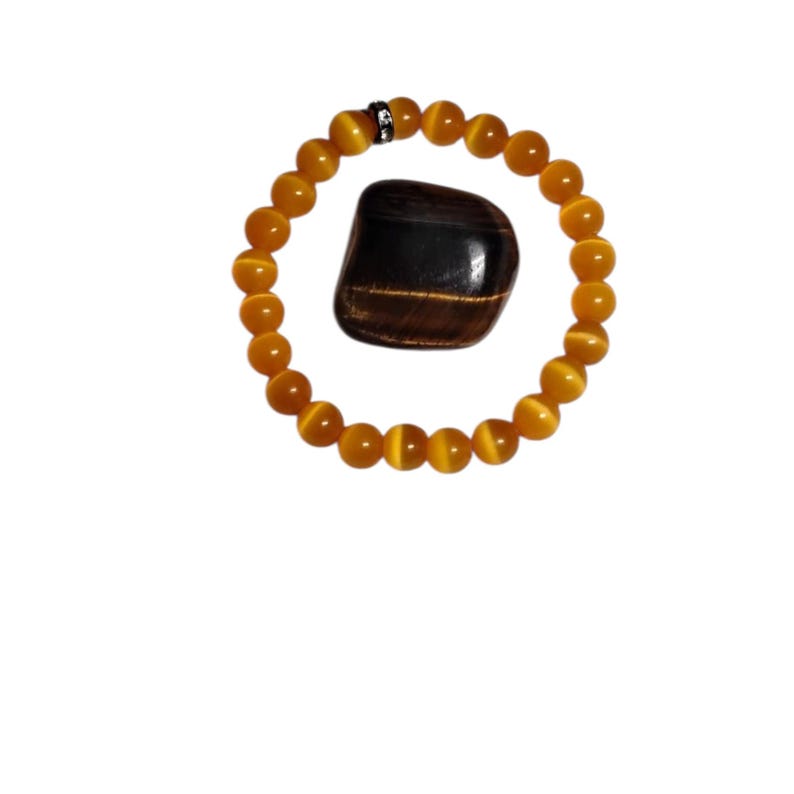 Dark Yellow Cat’s Eye Glass Bead Bracelet with Tiger’s Eye Pendant