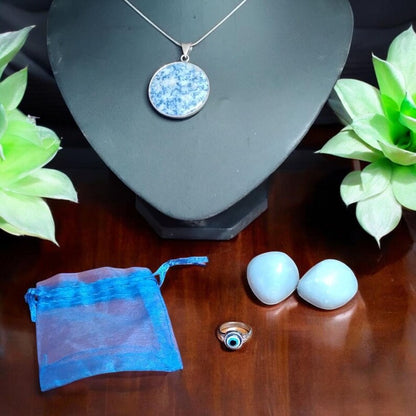Sodalite Pendant Necklace with Angelite Stones & Evil Eye Protection Ring Set