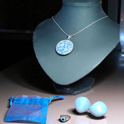 Sodalite Pendant Necklace with Angelite Stones & Evil Eye Protection Ring Set