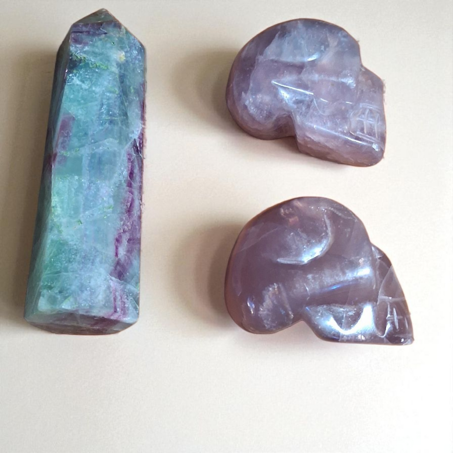 Green Fluorite Tower (4") & Two Purple Fluorite Crystal Skulls (2") – Healing Crystal Set