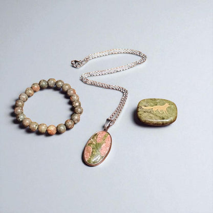 Unakite Crystal Jewelry & Totem Set Pendant Necklace, Beaded Bracelet , Engraved Fox Stone