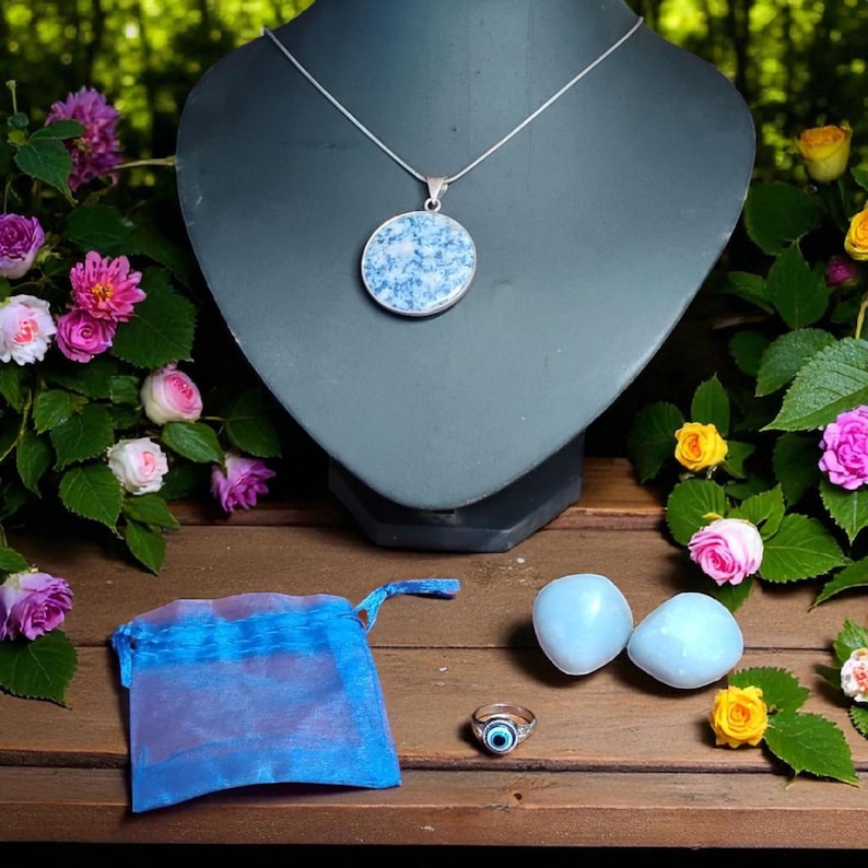 Sodalite Pendant Necklace with Angelite Stones & Evil Eye Protection Ring Set