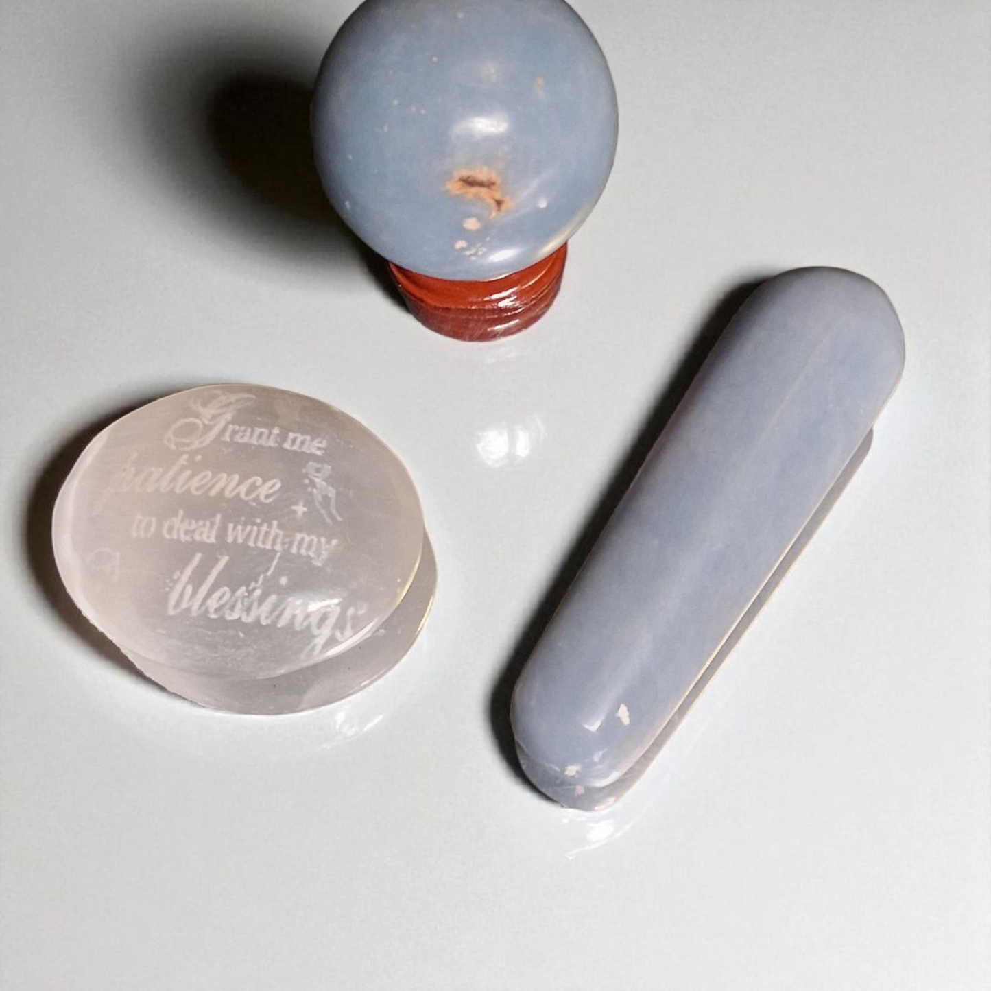 Angelite Sphere (40mm), Angelite Wand (3"), & Selenite Palm Stone (2") – Crystal Healing Set