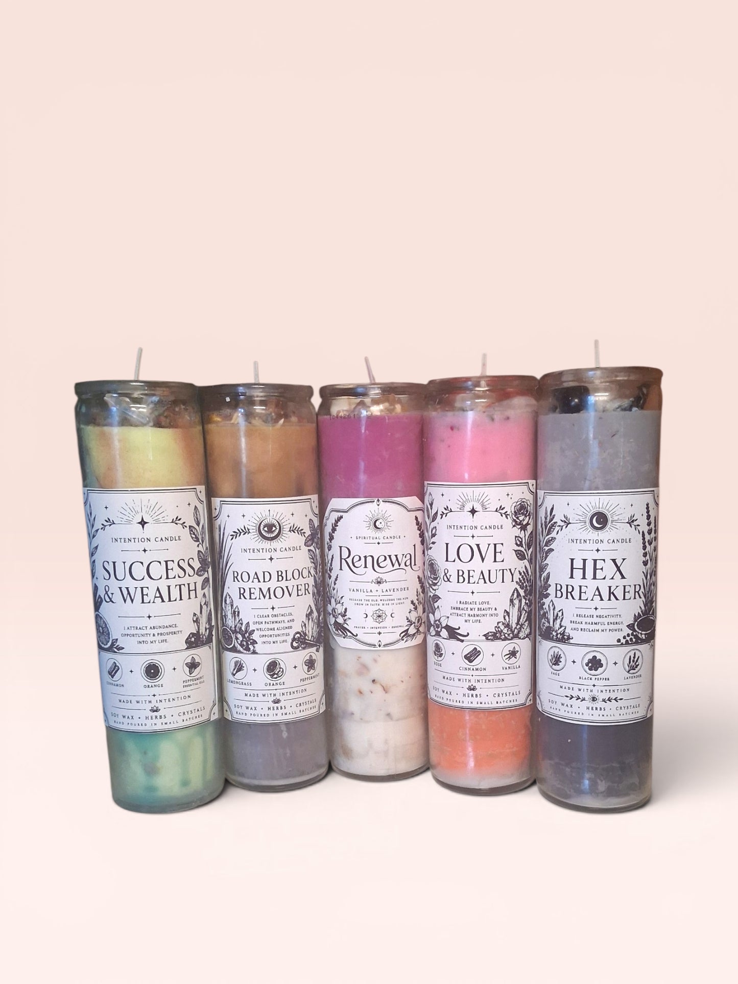 5 Intention Candle Set | Spiritual Ritual Candle Bundle with Herbs, Crystals & Essential Oils | Hand-Poured Soy Wax Candles