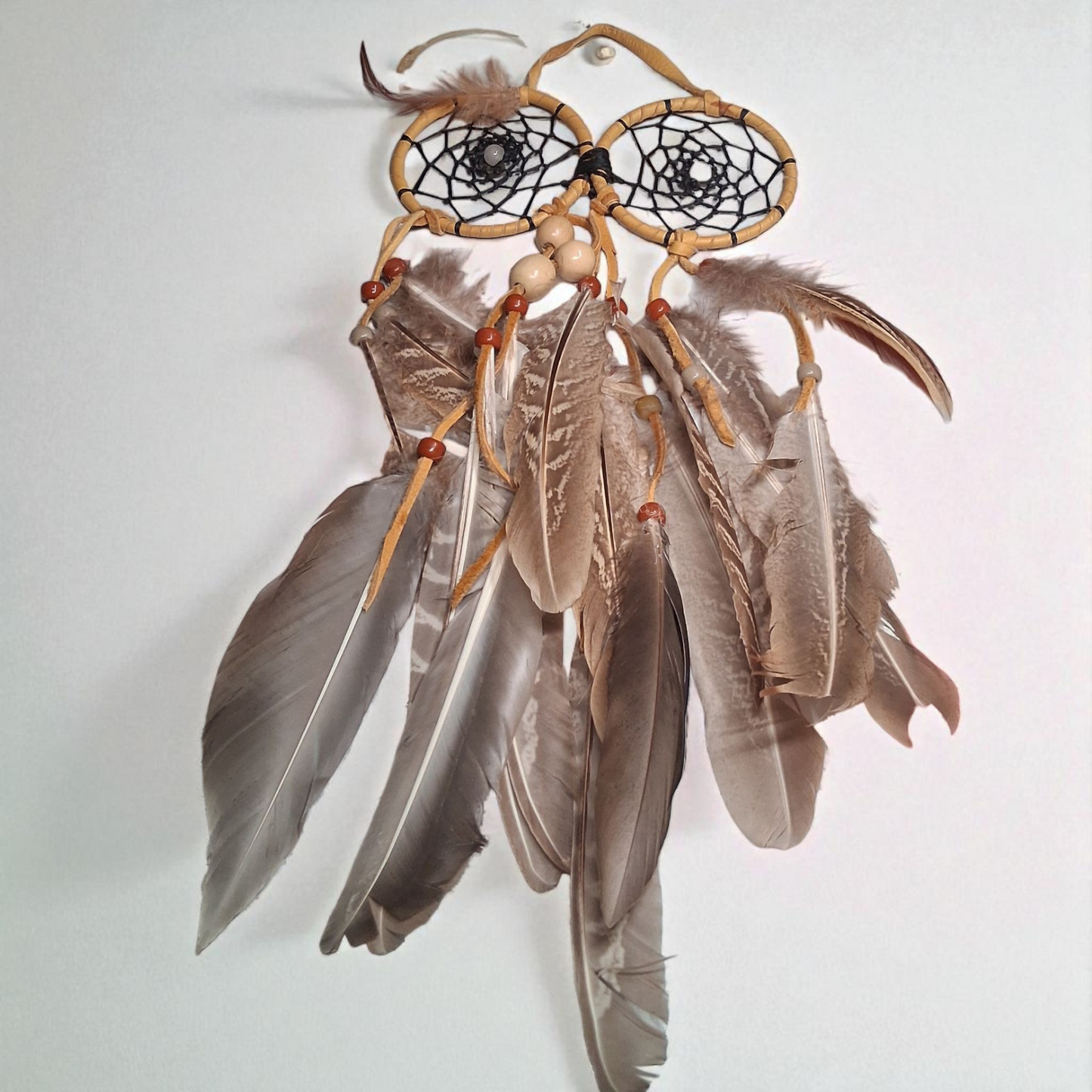 Owl-Themed Double Dream Catcher – 15x6 Handmade Feather Wall Hanging for Protection & Wisdom