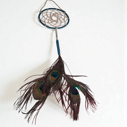 Peacock Feather Dream Catcher – 4x12 Blue and White Handmade Boho Wall Hanging for Protection & Positive Energy