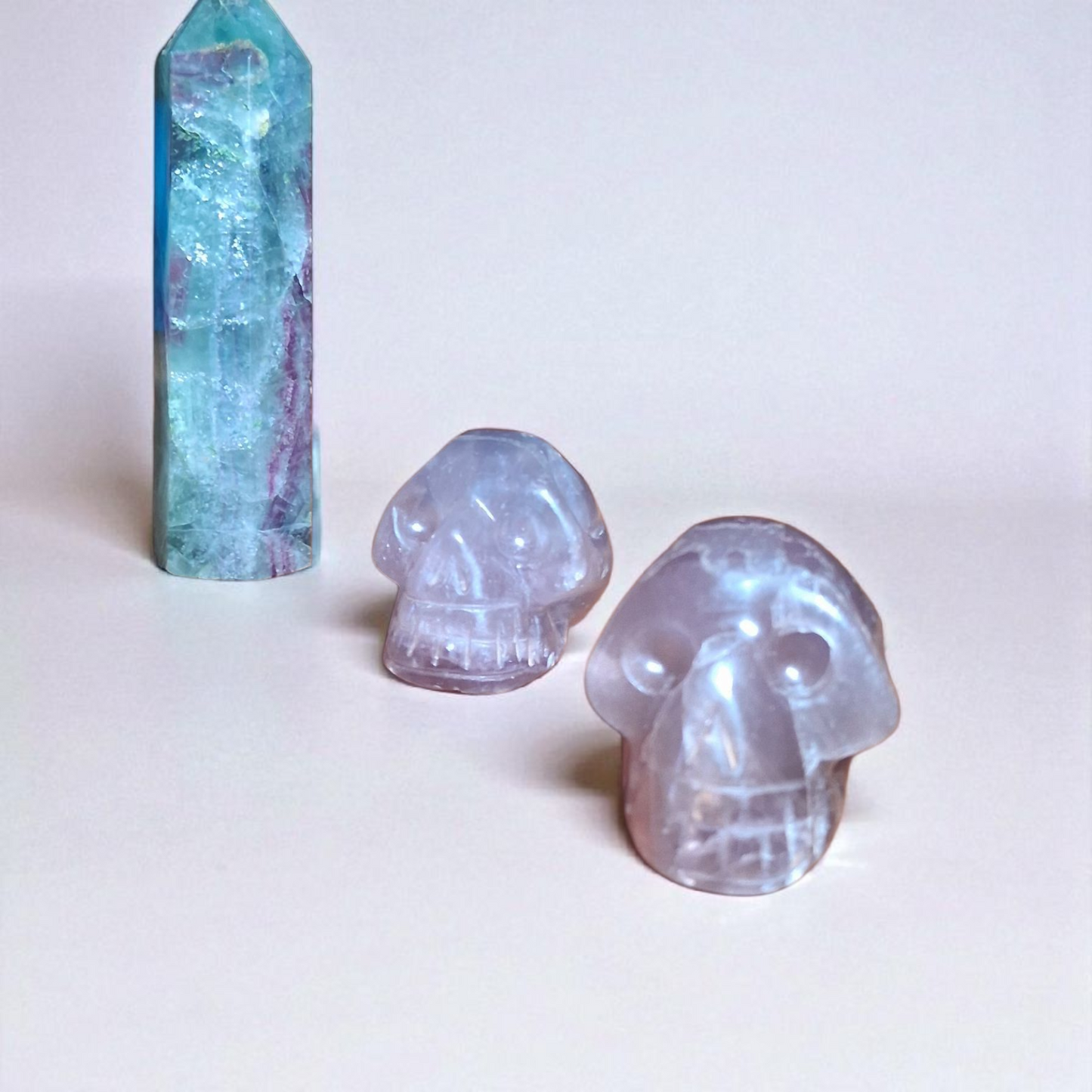Green Fluorite Tower (4") & Two Purple Fluorite Crystal Skulls (2") – Healing Crystal Set