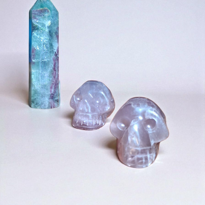Green Fluorite Tower (4") & Two Purple Fluorite Crystal Skulls (2") – Healing Crystal Set