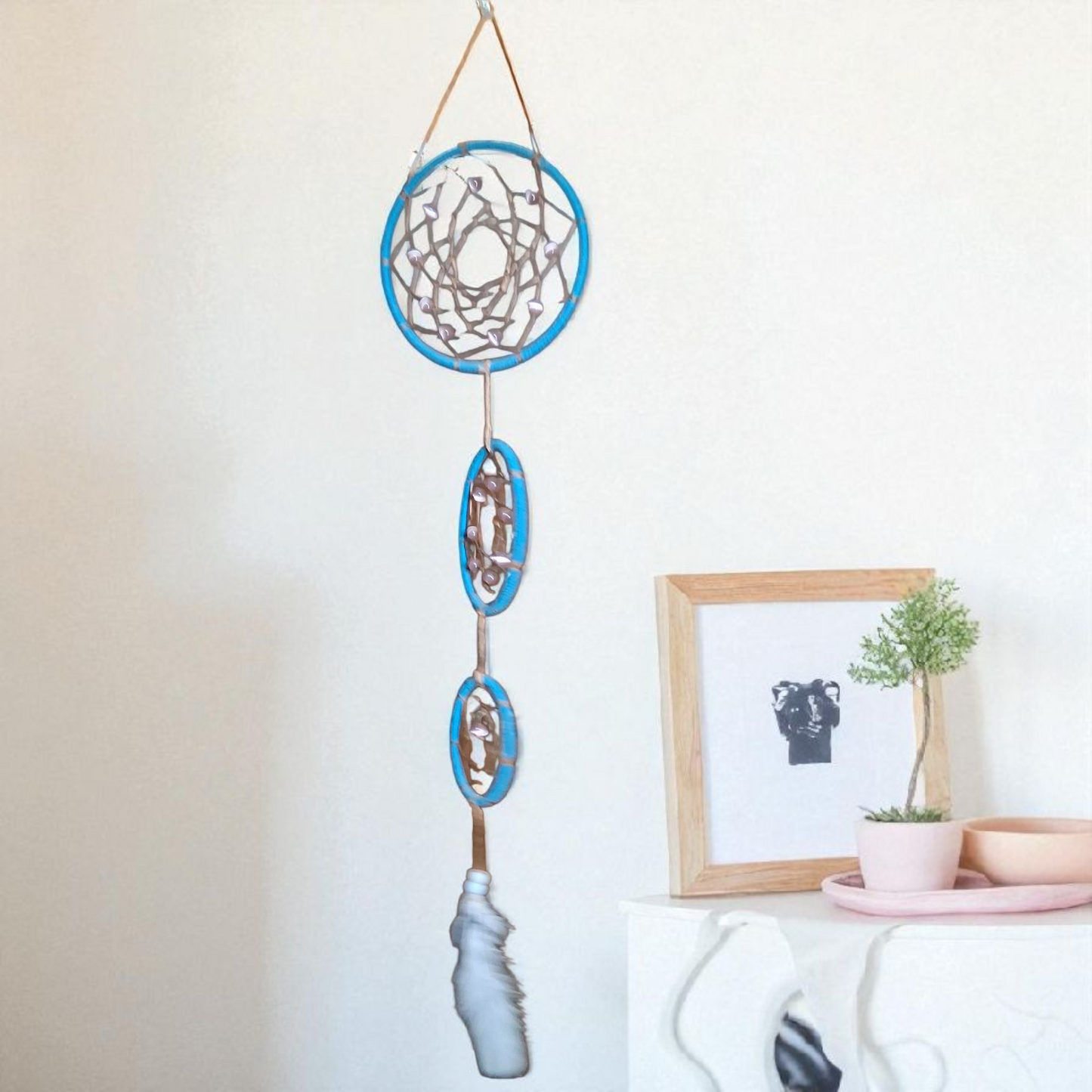 Triple Dream Catcher Wall Hanging – 18x5 Blue/Tan Boho Feather Decor for Peaceful Energy & Protection