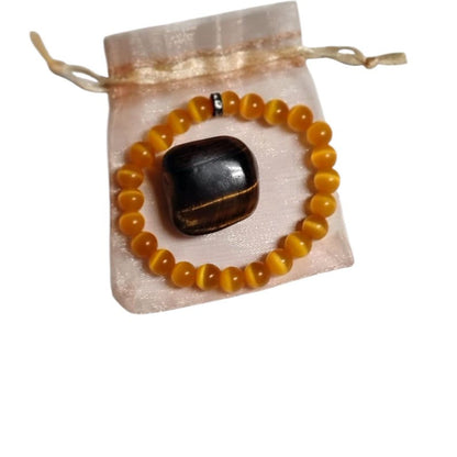 Dark Yellow Cat’s Eye Glass Bead Bracelet with Tiger’s Eye Pendant