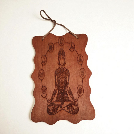 Engraved Wooden Chakra Wall Hanging – 5" x 8" Meditating Figure with Seven Chakra Symbols | Spiritual Home & Altar Décor