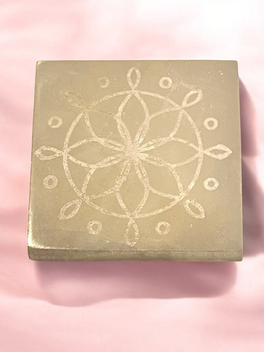 Selenite Crystal Engraved Charging Plate (4” x 4”) – Sacred Energy Cleanser & Amplifier - JoyfulBliss Co.
