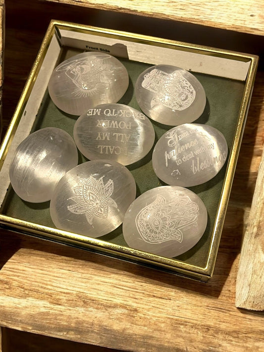 Selenite Palm Stone (2x2”) – Engraved Crystal for Clarity & Energy Amplifying (Random Selection) - JoyfulBliss Co.