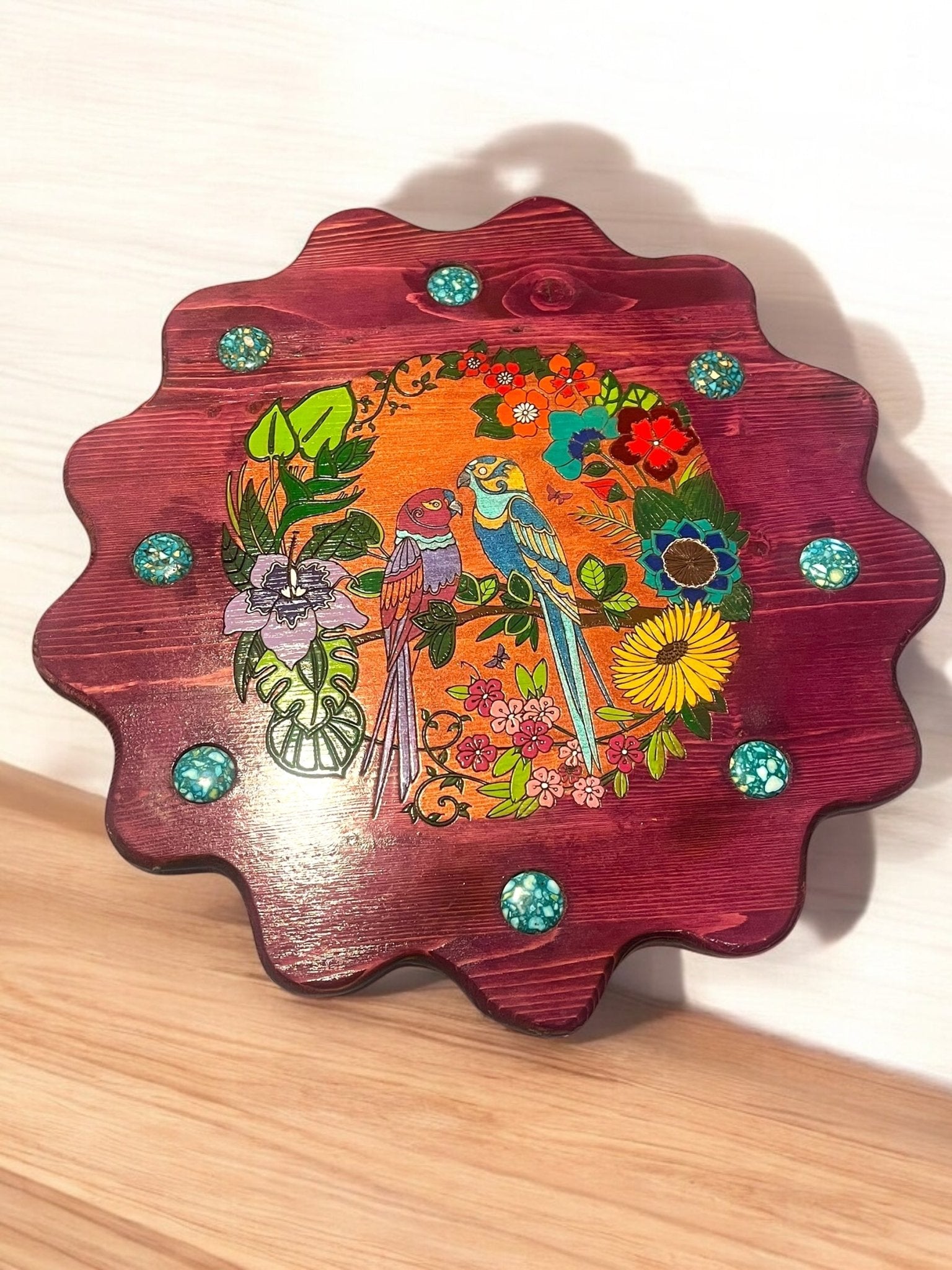 Tropical Lovebirds” Handmade Lazy Susan by Creek Artist La Ne Ayo - JoyfulBliss Co.