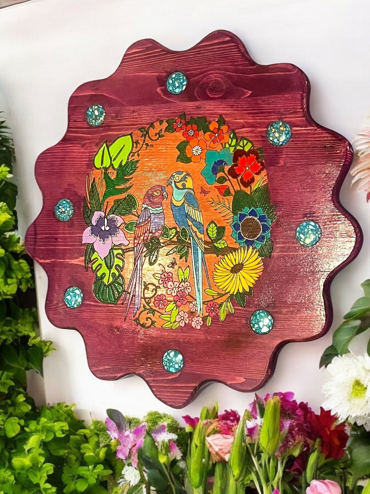 Tropical Lovebirds” Handmade Lazy Susan by Creek Artist La Ne Ayo - JoyfulBliss Co.