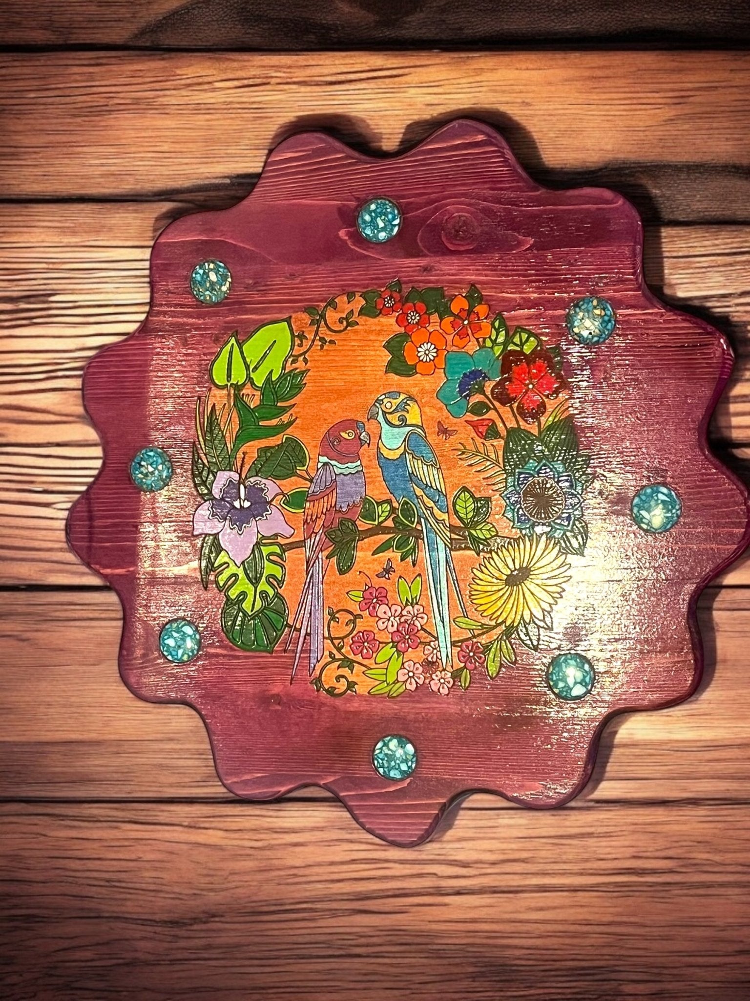 Tropical Lovebirds” Handmade Lazy Susan by Creek Artist La Ne Ayo - JoyfulBliss Co.