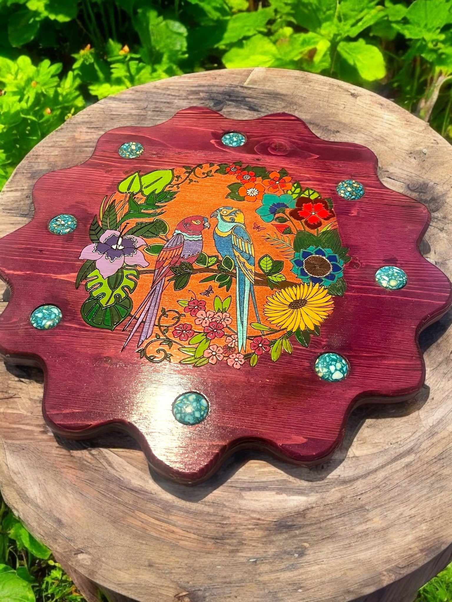 Tropical Lovebirds” Handmade Lazy Susan by Creek Artist La Ne Ayo - JoyfulBliss Co.